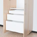 Pullout bins and drawers for added convenience.